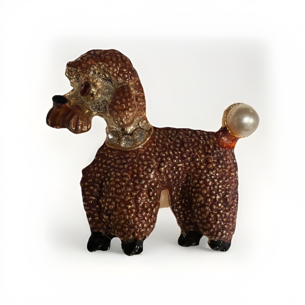 Vintage Apricot Poodle Brooch Set Pearl Tail Crystal Eyes Enamel Pins 2 Pieces - Picture 2 of 4